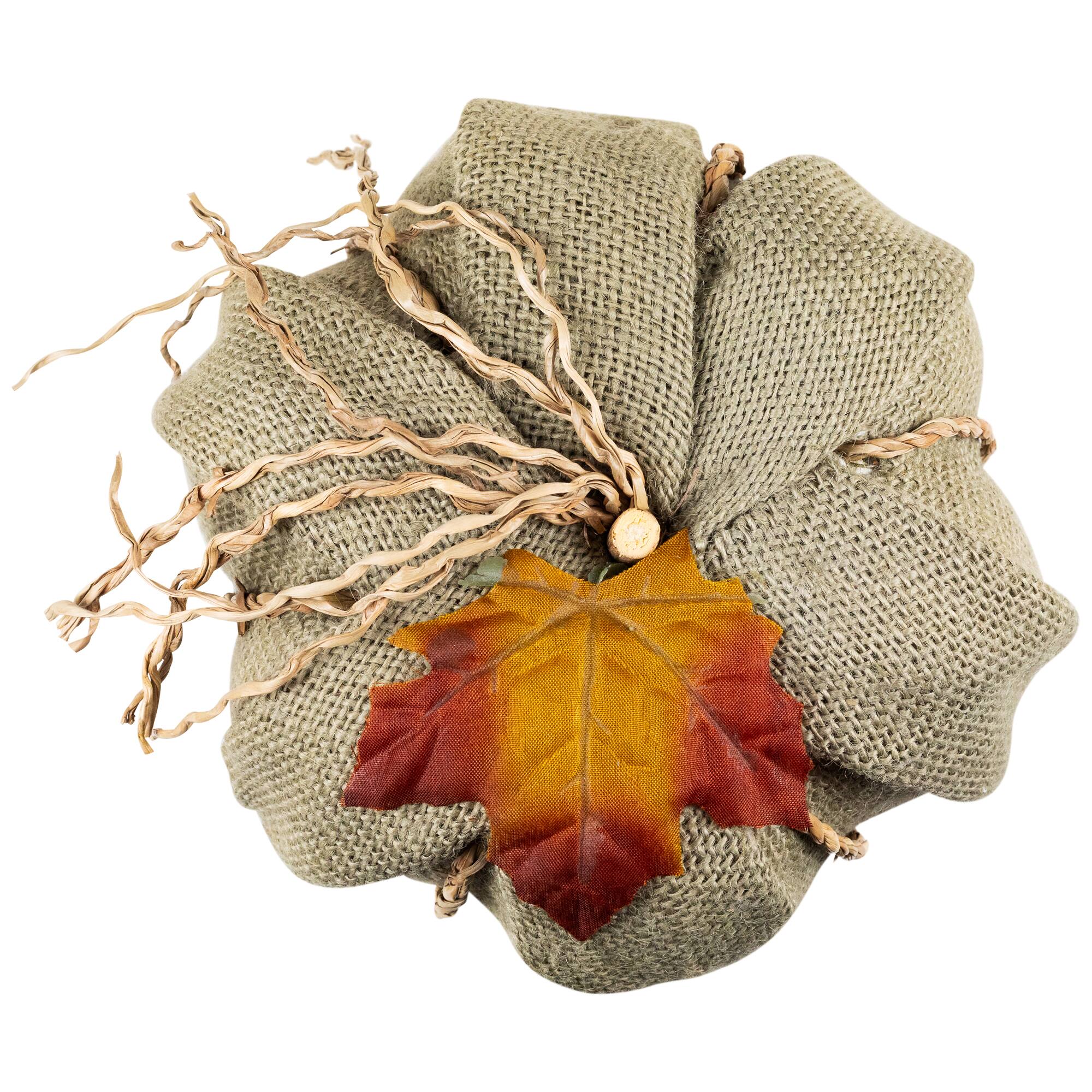 7" Green Burlap Autumn Harvest Tabletop Pumpkin